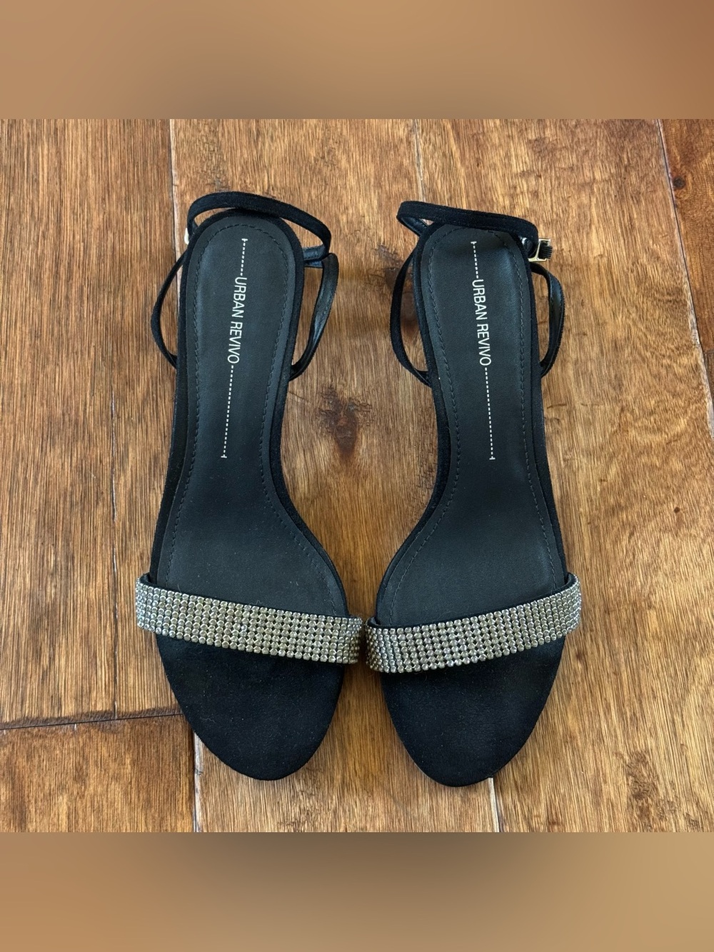 Black Rhinestone Strap Ankle-Heel Sandals Size7